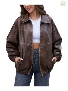 Oversized Faux Leather Jacket Y2K Motorcycle Vintage Bomber Coat Punk Women